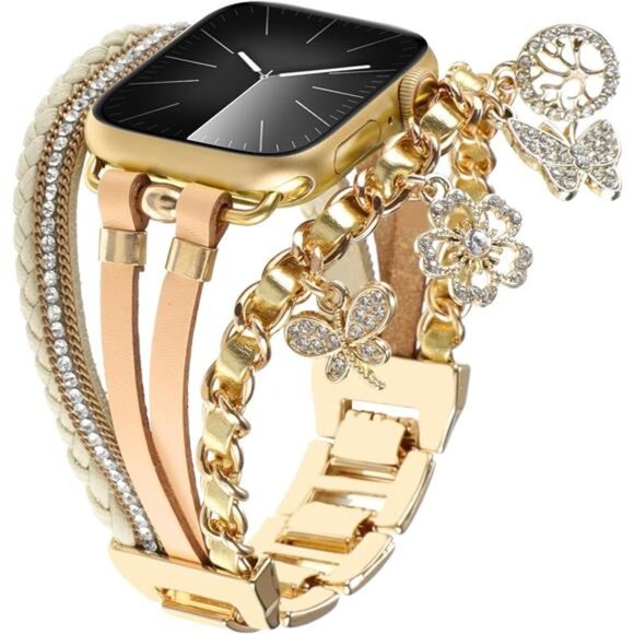 NEW Gold Boho Leather Apple Watch Band with Charms main image 6